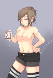Rule 34 | 1girl, alcohol, beer, blue eyes, blush, breasts, brown hair, budweiser, cigarette, cube85, md5 mismatch, navel, nipples, original, solo, thighhighs, topless