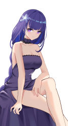 Rule 34 | 1girl, absurdres, alternate costume, bare arms, bare legs, bare shoulders, blunt bangs, breasts, choker, cleavage, commentary, czk, dress, feet out of frame, flower, genshin impact, hair flower, hair ornament, highres, large breasts, long hair, mole, mole under eye, purple dress, purple eyes, purple flower, purple hair, raiden shogun, simple background, sitting, solo, strapless, strapless dress, thighs, very long hair, white background