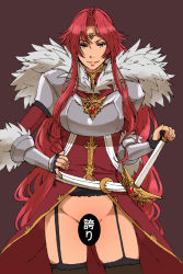 Rule 34 | 1girl, armor, censored, circlet, coat, fingerless gloves, fumitan (humitan), fur, garter straps, gloves, hand on hilt, long hair, looking at viewer, no panties, novelty censor, original, red eyes, red hair, smile, solo, sword, thighhighs, translation request, weapon