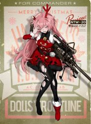 Rule 34 | 1girl, anti-materiel rifle, antlers, bag, bell, black pantyhose, blush, breasts, christmas, coat, commentary request, denel land systems, full body, girls&#039; frontline, gun, holding, horns, long hair, looking at viewer, ntw-20, ntw-20 (girls&#039; frontline), ntw-20 (xmas reindeer) (girls&#039; frontline), official alternate costume, official art, pantyhose, pink eyes, pink hair, ran (bukeranwu), red coat, red footwear, reindeer antlers, rifle, shoes, shoulder bag, single shoe, sniper rifle, solo, torn clothes, torn pantyhose, very long hair, weapon