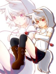Rule 34 | 1girl, alternate costume, animal ears, bad id, bad pixiv id, black thighhighs, blush, boots, crossed arms, full body, inubashiri momiji, looking at viewer, marusan, open mouth, pom pom (clothes), red eyes, short hair, silver hair, simple background, solo, tail, thighhighs, touhou, white background, wolf ears, wolf tail, zoom layer