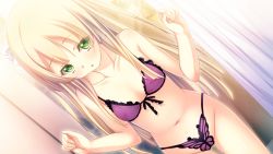 Rule 34 | 1girl, blonde hair, bow, bow bra, bra, breasts, bug, butterfly, frilled bra, frills, game cg, green eyes, hair ribbon, innocent bullet, bug, lace, lace panties, lingerie, long hair, looking up, navel, oosaki shin&#039;ya, panties, purple bra, purple panties, ribbon, see-through, small breasts, solo, underwear, underwear only, yasouji ai