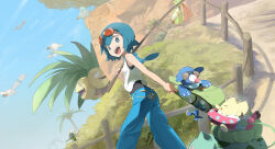 Rule 34 | 1girl, :d, alolan exeggutor, alolan form, bare arms, blue eyes, blue hair, blue pants, blue sailor collar, bright pupils, bulbasaur, character doll, commentary request, creatures (company), day, dewpider, eko000ohce, eyewear on head, fence, fishing rod, game freak, gen 1 pokemon, gen 2 pokemon, gen 3 pokemon, gen 7 pokemon, hand up, highres, holding, holding fishing rod, kyogre, lana (pokemon), legendary pokemon, looking down, nintendo, no sclera, one-piece swimsuit, open mouth, outdoors, pants, pokemon, pokemon (creature), pokemon sm, popplio, sailor collar, shirt, short hair, sky, sleeveless, sleeveless shirt, smile, standing, sunglasses, swimsuit, swimsuit under clothes, teeth, togepi, tongue, upper teeth only, white pupils, white shirt, wingull, xatu