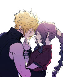 Rule 34 | 1boy, 1girl, absurdres, aerith gainsborough, arm around waist, armor, bangle, black gloves, blonde hair, blue eyes, bracelet, braid, braided ponytail, brown hair, closed eyes, cloud strife, couple, demi co, final fantasy, final fantasy vii, final fantasy vii rebirth, final fantasy vii remake, gloves, hair between eyes, hair ribbon, half-closed eyes, hetero, highres, holding another&#039;s wrist, jacket, jewelry, long hair, parted bangs, parted lips, pink ribbon, puffy short sleeves, puffy sleeves, red jacket, ribbon, short hair, short sleeves, shoulder armor, sidelocks, single bare shoulder, single braid, single shoulder pad, sleeveless, sleeveless turtleneck, spiked hair, turtleneck, upper body, wavy hair, white background