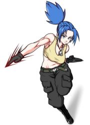 Rule 34 | 1girl, bare shoulders, black pants, blue eyes, blue hair, boots, breasts, dog tags, earrings, eron, fighting stance, full body, gloves, high ponytail, highres, jewelry, leona heidern, medium breasts, navel, pants, solo, spiked hair, tank top, the king of fighters, white background, yellow tank top