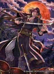 Rule 34 | 1boy, bandages, boots, brown hair, cloud, copyright name, fingerless gloves, fire emblem, fire emblem: the blazing blade, fire emblem cipher, gloves, hair over one eye, karel, long hair, male focus, moon, night, night sky, nintendo, official art, sky, solo, sword, teeth, tree, weapon, yellow eyes