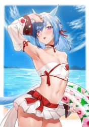Rule 34 | 1boy, :p, animal ears, arched back, arm up, armpits, bare shoulders, beach, blue hair, blue nails, blue sky, blurry, blurry background, blush, bow, cat boy, cat ears, cat tail, choker, cloud, collarbone, commentary request, contrapposto, cowboy shot, crossdressing, day, detached sleeves, facial mark, fictional persona, final fantasy, final fantasy xiv, floral print, hair between eyes, hair bun, hair ribbon, head tilt, holding, horizon, innertube, looking at viewer, male focus, medium hair, midriff, miniskirt, miqo&#039;te, mole, mole under eye, nail polish, navel, ocean, outdoors, panon 14, pink eyes, pleated skirt, red bow, red ribbon, ribbon, shiny skin, side bun, sidelocks, signature, single side bun, skirt, sky, solo, standing, stomach, swept bangs, swim ring, tail, tongue, tongue out, trap, warrior of light (ff14), whisker markings, white choker, white skirt, wide sleeves