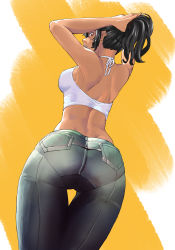 Rule 34 | 1girl, absurdres, arms up, asiamaster, ass, back, backlighting, bare shoulders, black hair, breasts, cowboy shot, crop top, dark-skinned female, dark skin, denim, dutch angle, from behind, halterneck, highres, impossible clothes, jeans, looking at viewer, looking back, medium breasts, midriff, original, pants, pantylines, parted lips, ponytail, profile, shoulder blades, sideboob, sidelocks, simple background, sleeveless, solo, standing, thigh gap, tying hair