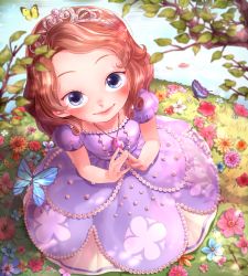 Rule 34 | 1girl, blue eyes, blurry, blush, branch, brown hair, bug, butterfly, child, depth of field, disney, dress, flower, from above, grass, insect, jewelry, looking at viewer, necklace, own hands together, rojiko, sofia (disney), sofia the first, solo, tiara, water