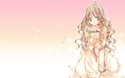 Rule 34 | 00s, 1girl, arm support, blonde hair, dress, feathers, frills, kneeling, konohana hikari, long hair, maki chitose, pale color, pink theme, solo, source request, star (symbol), strawberry panic!, wallpaper, wavy hair, white dress, yellow eyes
