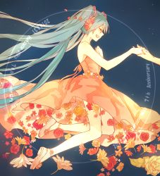 Rule 34 | 10s, 1girl, 2014, absurdres, character name, dated, dress, closed eyes, flower, green hair, hair flower, hair ornament, hand on own chest, hatsune miku, highres, holding hands, long hair, open mouth, run (sweettimehappy), twintails, very long hair, vocaloid