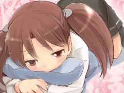 Rule 34 | 10s, 1girl, blush, brown eyes, brown hair, hair ornament, kantai collection, long hair, no headwear, no headwear, hugging object, pillow, pillow hug, primary stage, ryuujou (kancolle), skirt, solo, twintails