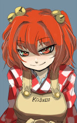 Rule 34 | 1girl, apron, bell, character name, checkered clothes, checkered kimono, clothes writing, evil grin, evil smile, ginji (sakaki summer), grin, hair bell, hair ornament, japanese clothes, jingle bell, kimono, looking at viewer, motoori kosuzu, red eyes, red hair, shaded face, short hair, smile, solo, touhou, twintails, two side up