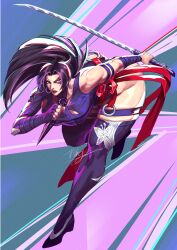 1girl absurdres earrings elbow_gloves gloves highres jewelry katana kunai leaning_forward long_hair looking_at_viewer marvel marvel_rivals ninja psylocke purple_hair red_sash sash simple_background solo sword thighhighs thighs virgoart weapon