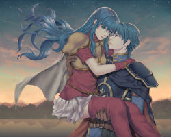 Rule 34 | 1boy, 1girl, armor, blue eyes, blue hair, boots, bracelet, brother and sister, cape, carrying, eirika (fire emblem), ephraim (fire emblem), eye contact, fire emblem, fire emblem: the sacred stones, gloves, hetero, incest, jewelry, kuga (a-s-t), lips, long hair, looking at another, nintendo, prince, princess, princess carry, short hair, siblings, skirt, smile, thigh boots, thighhighs