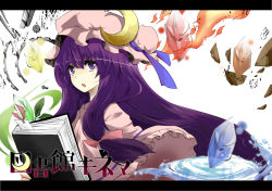 Rule 34 | 1girl, :o, book, bookmark, bow, crescent, crystal, dress, female focus, fire, frills, gears, geokinesis, gj (minoru), hair bow, hat, hydrokinesis, leaf, letterboxed, long hair, magic, patchouli knowledge, purple eyes, purple hair, pyrokinesis, rock, solo, touhou, upper body, very long hair, water, white background