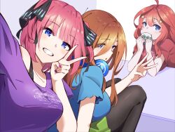 Rule 34 | 3girls, ahoge, black pantyhose, black ribbon, blue eyes, blue shirt, blunt bangs, breasts, bright pupils, brown hair, butterfly hair ornament, colored skin, commentary request, eating, elbows on table, expressionless, eyes visible through hair, foreshortening, go-toubun no hanayome, green skin, grin, hair ornament, hair ribbon, hand up, hands up, happy, head tilt, headphones, headphones around neck, hyoe (hachiechi), large breasts, light blush, lips, long hair, looking at viewer, looking back, medium hair, miniskirt, multiple girls, nail polish, nakano itsuki, nakano miku, nakano nino, pantyhose, pink hair, pleated skirt, purple background, purple nails, purple shirt, red hair, red shirt, ribbon, selfie, shirt, short sleeves, siblings, sidelocks, simple background, sisters, skirt, smile, star (symbol), star hair ornament, twins, upturned eyes, v, w, white background, white pupils