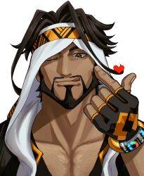 Rule 34 | 1boy, arabian clothes, arm up, beard, black shirt, bracelet, brown eyes, brown hair, closed mouth, collarbone, collared shirt, dark-skinned male, dark skin, facial hair, fingerless gloves, gloves, goatee, hat, headband, heart, highres, index finger raised, jewelry, licking lips, looking ahead, male focus, matapon (popoponex), multicolored clothes, multicolored gloves, one eye closed, orange trim, parted bangs, patterned clothing, pectoral cleavage, pectorals, rashid (street fighter), shirt, simple background, smile, solo, street fighter, street fighter 6, tongue, tongue out, upper body, white background, white turban