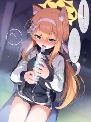 Rule 34 | ..., 1girl, animal ear fluff, animal ears, blue archive, blue eyes, blush, bottle, commentary request, flower, full-face blush, gym shorts, gym uniform, hair flower, hair ornament, hair ribbon, hairband, halo, highres, holding, holding bottle, jacket, long hair, looking down, mari (blue archive), mari (track) (blue archive), multicolored clothes, multicolored jacket, official alternate costume, open mouth, orange hair, plastic bottle, ponytail, ribbon, sakuma shiki, sexually suggestive, shorts, solo, spoken ellipsis, sportswear, tongue, tongue out, track jacket, two-tone jacket, water bottle, wavy mouth, white hairband