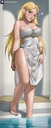 Rule 34 | 1girl, absurdres, blonde hair, blue eyes, blue panties, breasts, cleavage, commentary, dress, echo saber, elf, english commentary, heart, highres, large breasts, long hair, looking at viewer, narrow waist, naughty face, nintendo, nipples, no bra, one eye closed, panties, patreon username, pointy ears, pool, poolside, princess, princess zelda, solo, the legend of zelda, the legend of zelda: breath of the wild, thick thighs, thighs, underwear, wet, wet clothes, wet dress, wide hips