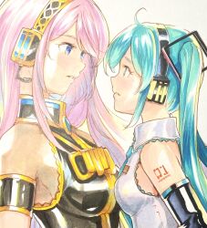 Rule 34 | 2girls, ahoge, aqua eyes, aqua hair, aqua necktie, armband, bare shoulders, black shirt, black sleeves, blue eyes, commentary, detached sleeves, face-to-face, from side, furrowed brow, gold trim, grey shirt, hair ornament, hatsune miku, headphones, headset, height difference, highres, leaning forward, long hair, mayo riyo, megurine luka, multiple girls, necktie, parted lips, pink hair, shirt, shoulder tattoo, sleeveless, sleeveless shirt, tattoo, traditional media, twintails, upper body, vocaloid, yuri