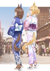Rule 34 | 2girls, absurdres, admire vega (umamusume), alternate costume, alternate hairstyle, animal ears, blonde hair, blue kimono, bow, bracelet, brown footwear, brown hair, clothing cutout, commentary, commentary request, ear covers, english commentary, floral print, full body, hair bun, highres, horse ears, horse girl, horse tail, japanese clothes, jewelry, kimono, long sleeves, looking back, mixed-language commentary, multiple girls, narita top road (umamusume), nike (company), obi, open mouth, outdoors, photo background, ponytail, red eyes, sash, shoes, silenxe, single ear cover, smile, sneakers, tail, tail through clothes, teeth, umamusume, upper teeth only, white bow, white footwear, white kimono