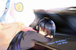 Rule 34 | 1boy, 1girl, absurdres, aquaplus, black hair, blanket, breasts, closed eyes, crossed arms, from side, gradient hair, happy birthday, head rest, highres, instrument, jewelry, leaning forward, leaning on object, lmoe, long hair, long sleeves, medium breasts, multicolored hair, necktie, nose, piano, pink scarf, ring, scarf, sidelocks, sleeping, speech bubble, striped clothes, striped scarf, touma kazusa, very long hair, white album, white album (series), white album 2