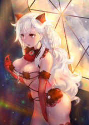 Rule 34 | 1girl, animal ears, asanogawa (tutufcc), bad id, bad pixiv id, braid, breasts, cleavage, cosplay, fake animal ears, fate/grand order, fate (series), fur trim, gloves, highres, large breasts, long hair, looking at viewer, mash kyrielight, mash kyrielight (dangerous beast), mash kyrielight (dangerous beast) (cosplay), navel, no panties, official alternate costume, olga marie animusphere, orange eyes, orange gloves, orange thighhighs, revealing clothes, shiny skin, silver hair, solo, standing, thighhighs