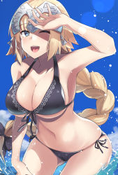Rule 34 | 1girl, ;d, arm up, armpits, bikini, black bikini, black bow, black ribbon, blonde hair, blue eyes, blue sky, blush, bow, braid, breasts, cleavage, collarbone, cowboy shot, day, fate/apocrypha, fate (series), front-tie bikini top, front-tie top, gluteal fold, hair bow, hand on forehead, highres, jeanne d&#039;arc (fate), jeanne d&#039;arc (ruler) (fate), jeanne d&#039;arc (white cruising) (fate), kazami chiu, large breasts, leaning forward, lens flare, long hair, looking at viewer, navel, ocean, one eye closed, open mouth, outdoors, ribbon, round teeth, shaded face, shadow, side-tie bikini bottom, single braid, sky, smile, solo, splashing, standing, stomach, sunlight, swimsuit, teeth, very long hair, water