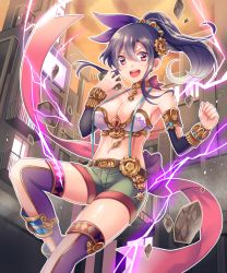 Rule 34 | &gt;:d, 1girl, :d, bare shoulders, black hair, breasts, building, cleavage, collar, detached sleeves, electricity, gears, gem, hair ribbon, holding, large breasts, long hair, looking at viewer, midriff, navel, official art, open mouth, outline, ponytail, purple ribbon, red eyes, red ribbon, ribbon, rock, senjou no electro girl, shina shina, shorts, smile, solo, suspenders, thighhighs, v-shaped eyebrows