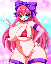 Rule 34 | bikini, bow, breasts, choker, grand theft auto, grand theft auto v, green eyes, hair ribbon, highres, huge breasts, navel, panties, pink hair, pinkchariot, princess robot bubblegum, ribbon, swimsuit, thick thighs, thighhighs, thighs, underwear