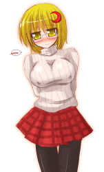 Rule 34 | 1girl, arayama reiichi, bespectacled, blonde hair, blush, breasts, casual, female focus, glasses, large breasts, lunasa prismriver, pantyhose, ribbed turtleneck sweater, short hair, skirt, smile, solo, sweater, touhou, white background, yellow eyes