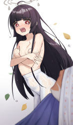 Rule 34 | 1girl, absurdres, acaa, bandaid, bandaids on nipples, black hair, blue archive, blue skirt, blush, bright pupils, collarbone, covered navel, covering breasts, covering privates, embarrassed, gradient background, halo, highres, leaf, long hair, looking at viewer, miyu (blue archive), open mouth, pantyhose, pasties, red eyes, simple background, skirt, solo, tearing up, tears, wet, wet clothes, white background, white pantyhose, white pupils
