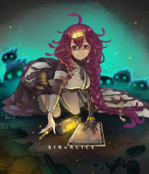 Rule 34 | 1girl, ahoge, asymmetrical gloves, cape, closed mouth, dorothy (sinoalice), dress, glasses, gloves, glowing, long hair, looking at viewer, monster, night, pantyhose, paper, pill, pill bottle, prosthesis, prosthetic arm, purple eyes, ren-co, sinoalice, smile, syringe, syringe holster, torn clothes, torn legwear, uneven gloves