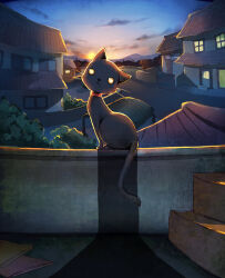 Rule 34 | :&lt;, animal nose, awning, black cat, cat, cat tail, cloud, cloudy sky, collar, commentary request, dusk, fence, glowing, glowing eyes, highres, in shadow, looking at viewer, mountainous horizon, no humans, on railing, original, railing, red collar, rooftop, shadow, sky, stairs, sun, sunset, tail, town, tree, whiskers, window, yellow eyes, yume utsutsu (artist)