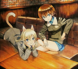 Rule 34 | 2girls, animal ears, bent over, blonde hair, blue eyes, blush, bomber jacket, brick, brick wall, brown hair, closed mouth, couch, crossed legs, eyebrows, facing away, fox ears, fox tail, green jacket, grey panties, hair between eyes, hand on thigh, hands on own cheeks, hands on own face, indoors, jacket, leaning, leaning forward, long hair, long sleeves, looking at viewer, marker (medium), military, military uniform, multiple girls, ottilie kittel, panties, shiratama (hockey), short hair, sitting, smile, table, tail, traditional media, tsurime, underwear, uniform, waltraud nowotny, world witches series