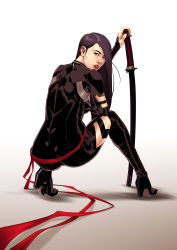 Rule 34 | 10s, 1girl, 2ngaw, absurdres, ass, back, bad deviantart id, bad id, bodysuit, boots, clothing cutout, from behind, full body, gradient background, hair over shoulder, hand on hilt, high heel boots, high heels, highres, hip bones, katana, lips, lipstick, long hair, looking at viewer, looking back, makeup, marvel, parted lips, psylocke, purple hair, shadow, sheath, sheathed, side cutout, skin tight, solo, spread legs, squatting, superhero costume, sword, tiptoes, toned, turtleneck, weapon, wide hips, x-men, zipper