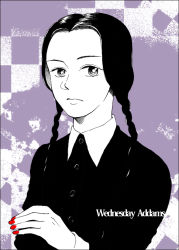 Rule 34 | 1girl, addams family, bad id, bad pixiv id, black hair, braid, character name, expressionless, monochrome, muraeri1204, nail polish, parted bangs, solo, spot color, twin braids, wednesday addams