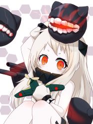 Rule 34 | 10s, 1girl, abyssal ship, ahoge, aircraft, airplane, colored skin, covered mouth, dress, enemy aircraft (kancolle), erniang, holding, horns, kantai collection, long hair, looking at viewer, machinery, mitsubishi a7m3-j, mittens, northern ocean princess, orange eyes, sitting, turret, white dress, white hair, white skin