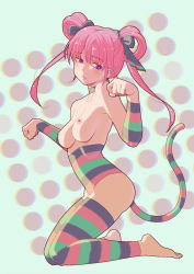 Rule 34 | 1girl, bare shoulders, barefoot, breasts, breasts out, choker, collarbone, frown, full body, grey background, hair ribbon, kneeling, leotard, looking away, looking down, medium breasts, multicolored clothes, multicolored legwear, nipples, original, ozumozu, paw pose, pink hair, purple eyes, ribbon, short hair, simple background, solo, striped, tail, toes, twintails, vertical stripes