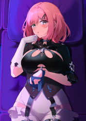 Rule 34 | 1girl, :o, absurdres, black leotard, blush, bob cut, breasts, couch, from above, gloves, grey eyes, highres, honkai (series), honkai impact 3rd, large breasts, leotard, looking at viewer, lying, nonbire, on back, open mouth, pillow, pink hair, short sleeves, single glove, solo, timido cute, white gloves, white legwear