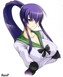 Rule 34 | 1girl, artist name, bow, breasts, busujima saeko, cleavage, collarbone, elbow pads, female focus, gloves, haganef, hair over one eye, high ponytail, highschool of the dead, large breasts, long hair, looking at viewer, purple eyes, purple hair, school uniform, simple background, smile, solo, uniform, upper body, white background