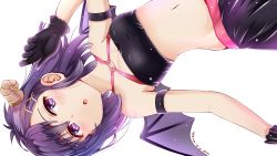 Rule 34 | 10s, 1girl, bandeau, bare shoulders, black gloves, blush, breasts, demon girl, demon horns, demon wings, gabriel dropout, gloves, hair ornament, highres, horns, itsuki masa, looking at viewer, midriff, navel, o-ring, o-ring top, open mouth, purple eyes, purple hair, short hair, simple background, skirt, small breasts, solo, strapless, vignette tsukinose april, tube top, white background, wings, x hair ornament