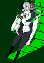 Rule 34 | 1boy, abs, alternate costume, ambiguous red liquid, backpack, bag, bandages, between fingers, black footwear, body writing, boots, cable, cigar, covered mouth, covering own mouth, ear piercing, facial mark, gears, green background, green eyes, hair between eyes, hand over own mouth, highres, holding, hood, hood down, jin chongtian, jumpsuit, liquid, long hair, looking at viewer, male focus, multicolored hair, nail polish, navel, nipple piercing, pale skin, piercing, sitting, smoking, solo, stomach, text background, text focus, two-tone hair, unzipped, vocaloid, vocanese, yuezheng longya