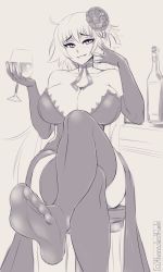 Rule 34 | 1girl, bare shoulders, breasts, cleavage, crossed legs, cup, curvy, drinking glass, fate/grand order, fate (series), feet, foot focus, highres, jeanne d&#039;arc (fate), jeanne d&#039;arc alter (fate), large breasts, live for the funk, long hair, looking at viewer, monochrome, no shoes, parted lips, pov, sitting, smile, soles, solo, wide hips, wine glass