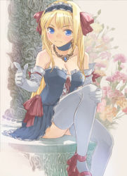 Rule 34 | 1girl, ankle bow, ankle ribbon, bare shoulders, blonde hair, blue eyes, bow, breasts, cleavage, closed mouth, commentary request, cross-laced clothes, elbow gloves, frown, gloves, hand on own knee, highres, hirokiku, index finger raised, knee up, leg ribbon, long hair, looking at viewer, original, red footwear, ribbon, sitting, solo