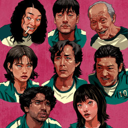 Rule 34 | 3girls, 5boys, ali abdul, bald, beard, black hair, blush, brown eyes, brown hair, cho sang-woo, cigarette, clenched teeth, closed mouth, collarbone, constricted pupils, dark-skinned male, dark skin, everyone, eye contact, facial hair, facial tattoo, forehead, freckles, green jacket, grey eyes, grey hair, han mi-nyeo, happy, highres, jacket, jang deok-su, ji-yeong, kang sae-byeok, light blush, lips, long hair, looking at another, looking down, looking to the side, looking up, mouth hold, multicolored hair, multiple boys, multiple girls, mustache, nose piercing, oh il-nam, old, old man, open clothes, open jacket, open mouth, parted lips, piercing, pink background, portrait, realistic, seong gi-hun, seung eun kim, shiny skin, shirt, short hair, simple background, smile, smoking, squid game, streaked hair, tattoo, teeth, two-tone hair, upper body, wavy hair, white shirt