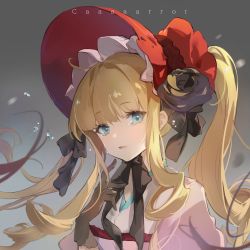 Rule 34 | 1girl, artist name, black flower, black rose, blonde hair, blue eyes, bonnet, brown gloves, drill hair, flower, gloves, grey background, highres, looking at viewer, parted lips, pointing, pointing at viewer, rose, rozen maiden, shinku, tears, toto (caaaaarrot), twintails, upper body