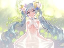 Rule 34 | 1girl, aqua eyes, aqua hair, bare shoulders, blush, breasts, center opening, character name, dress, drill hair, flower, gradient background, hair flower, hair ornament, happy birthday, hatsune miku, heart, kissai, long hair, looking at viewer, see-through silhouette, small breasts, smile, solo, sparkle, turtleneck, twin drills, twintails, underboob, vocaloid, white dress