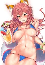 Rule 34 | 1girl, animal ear fluff, animal ears, bare shoulders, bikini, bikini in mouth, blue bikini, blush, breasts, cleavage, clothes in mouth, cowboy shot, cup, ears through headwear, fate/grand order, fate (series), fox ears, fox tail, highres, holding, holding cup, innertube, kawai (purplrpouni), large breasts, long hair, looking at viewer, navel, pink hair, reclining, side-tie bikini bottom, skindentation, smile, solo, stomach, swim ring, swimsuit, tail, tamamo (fate), tamamo no mae (fate/extra), tamamo no mae (swimsuit lancer) (fate), thighs, wet, yellow eyes